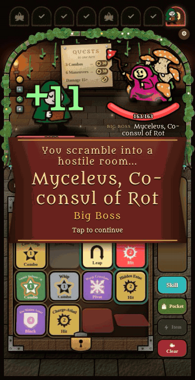 A Big Boss enters, its next move shown under its name; the player draws a path and the boss takes its turn