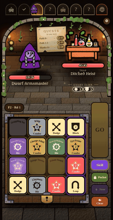 A path drawn through six dice, then the turn resolving with damage numbers on a monster